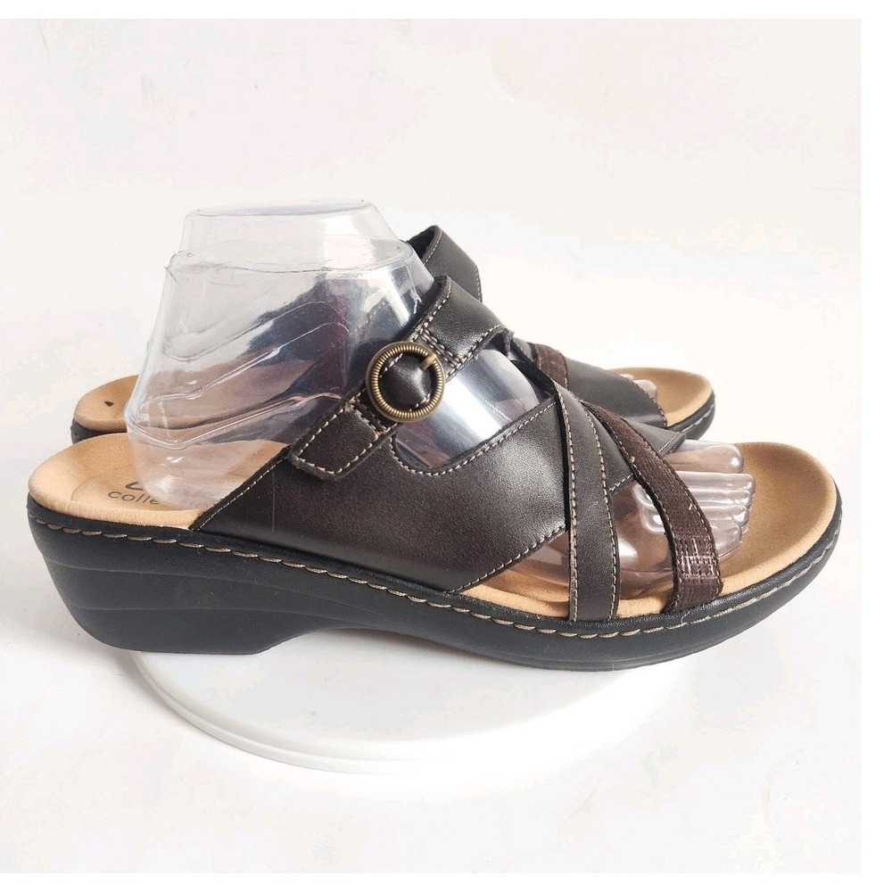 New Clarks Slides Sandals 11 Comfort Merliah Holly Leather Low Wedge Brown